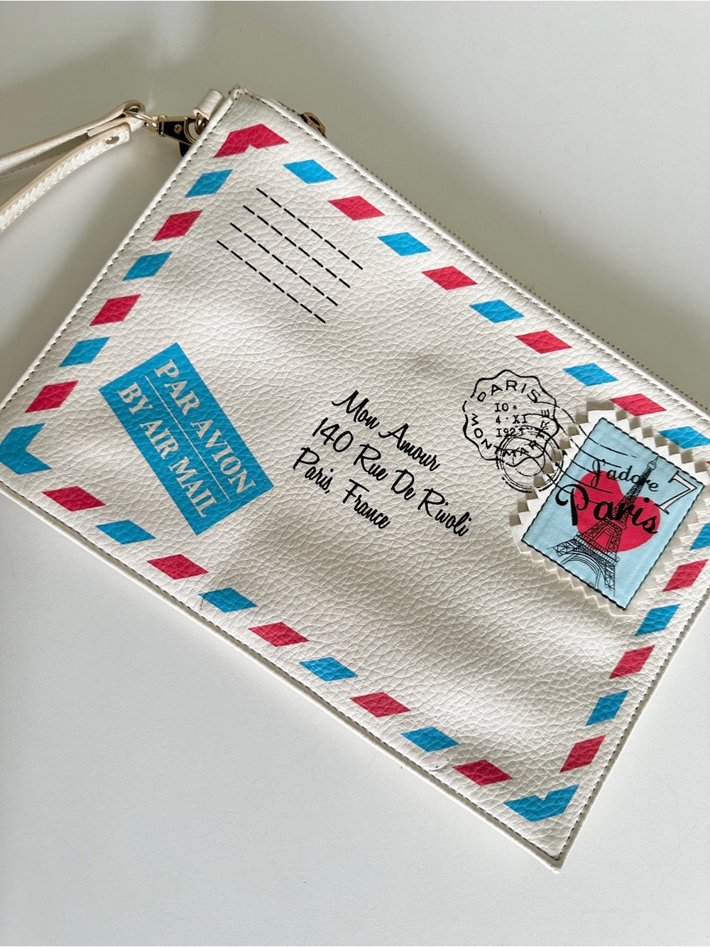 ALDO White Airmail Envelope Print Wristlet Novelty Clutch Zipper Pouch
